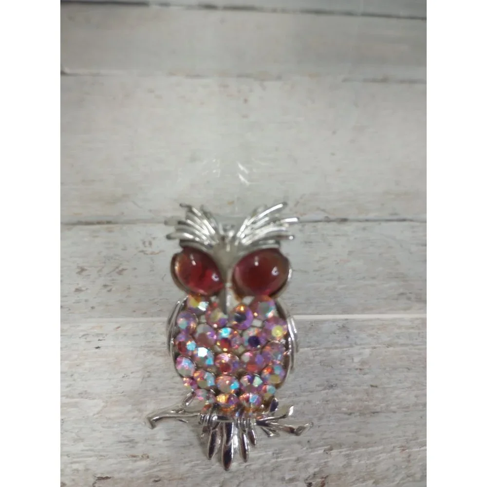 Vintage Silver Tone Rhinestone Pink Stone Owl Bird Brooch Pin Kitsch Boho Granny